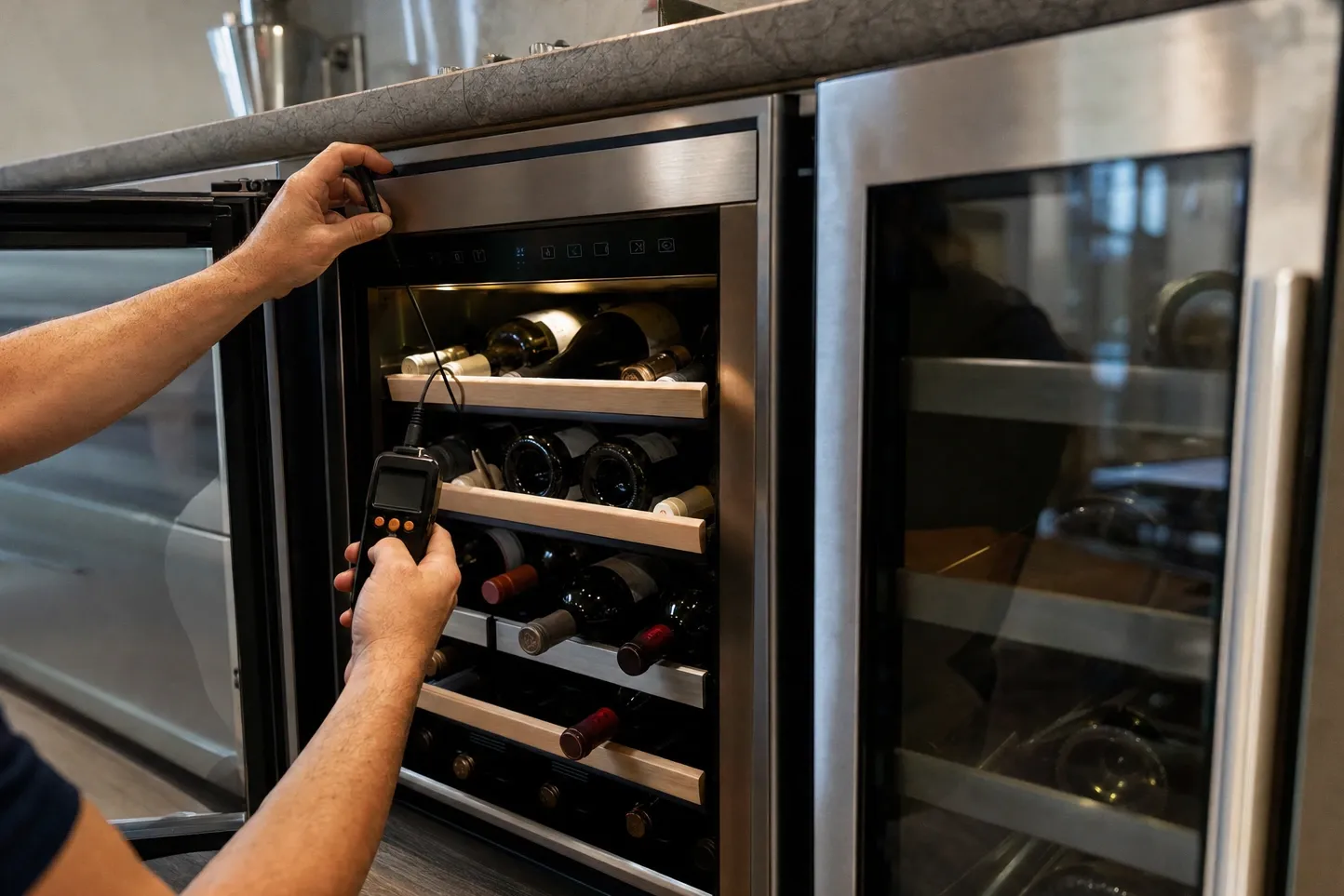 Hands holding a probe thermometer at an open stainless undercounter wine storage unit, bottles on wooden racks