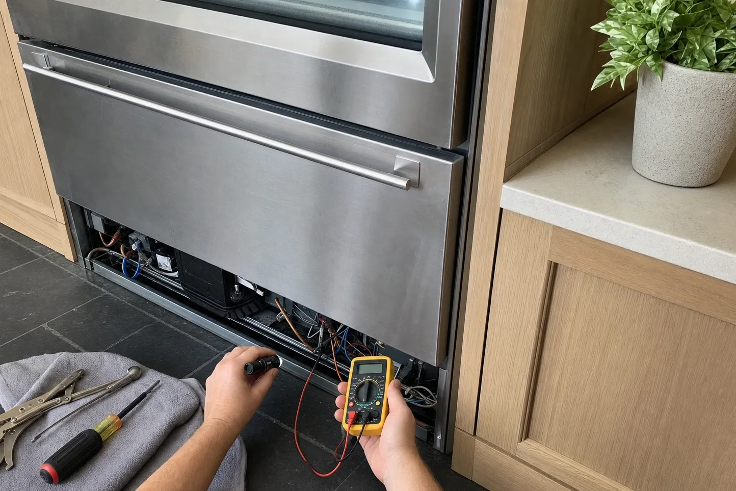 A flashlight and a multimeter held at the open machine compartment beneath a stainless drawer unit, wiring and tubing exposed
