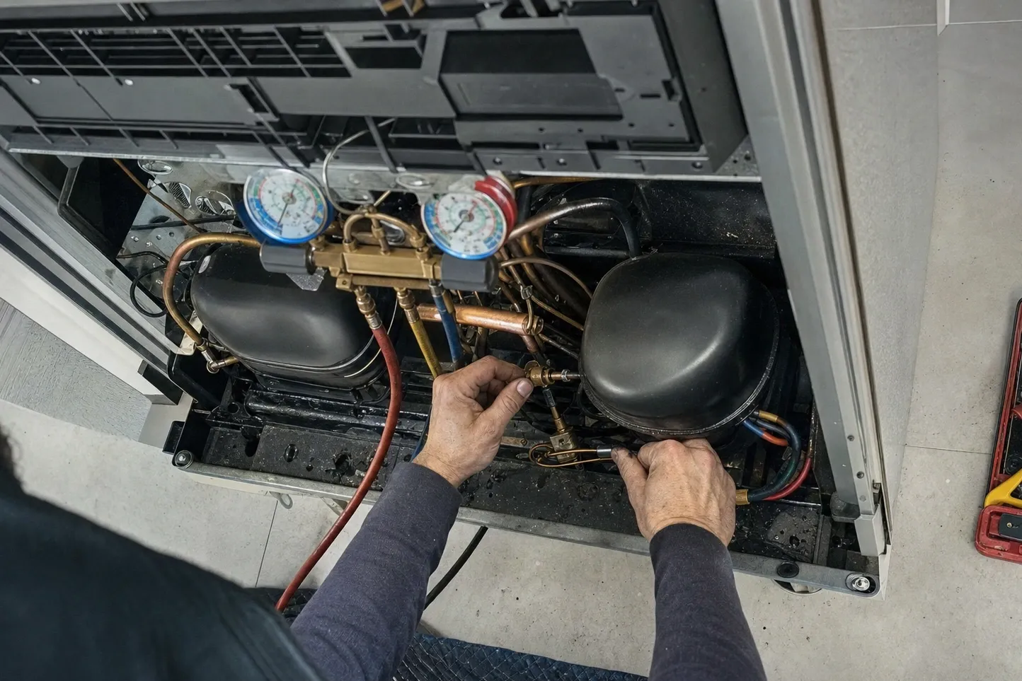 Two compressor domes in the open lower machine compartment of a built-in unit, manifold gauges laid across the frame and a hand at the service valve between them