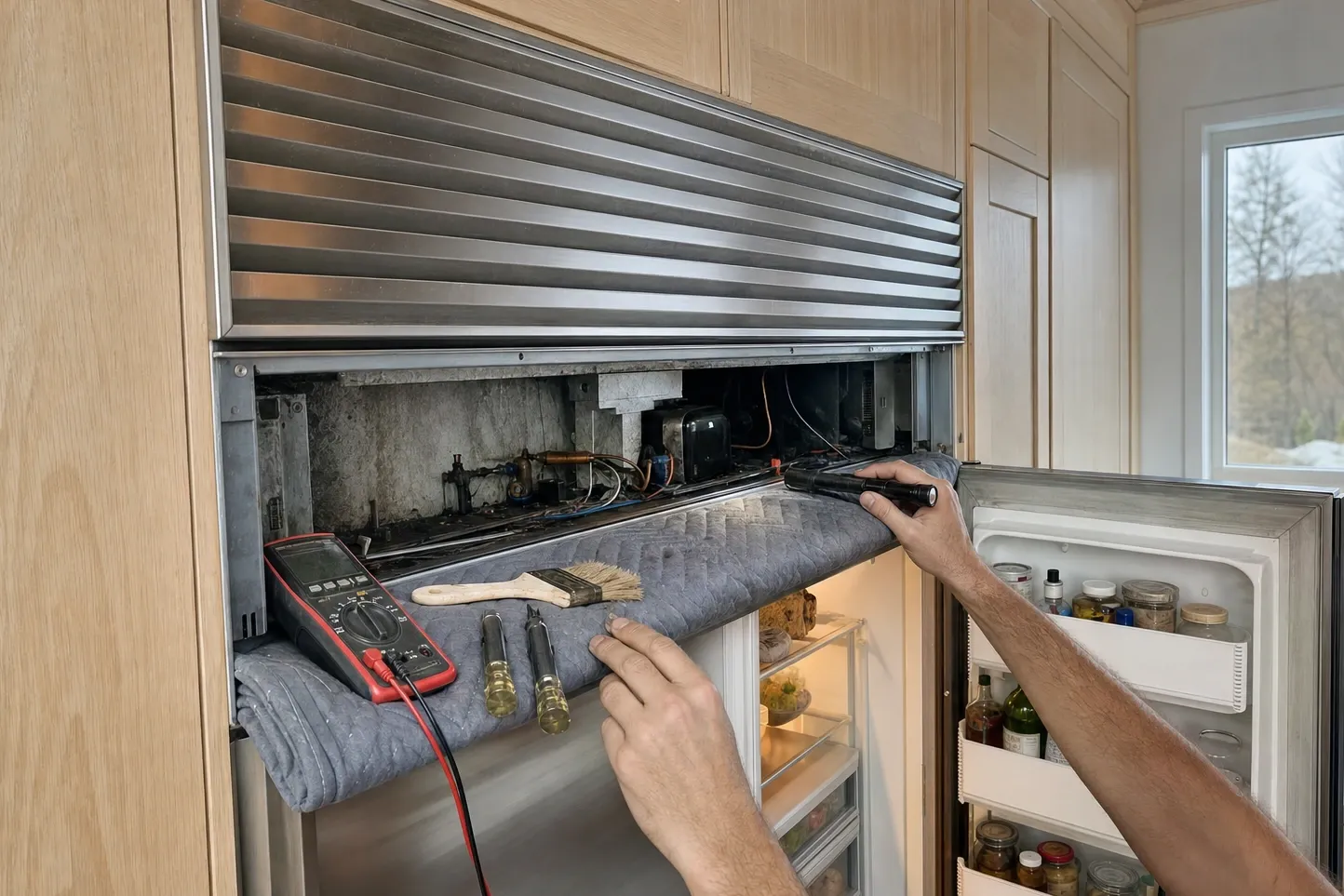 Built-in refrigerator in oak cabinetry with the upper grille hinged open on the machine compartment, a multimeter, brush and nut drivers on a blanket over the door